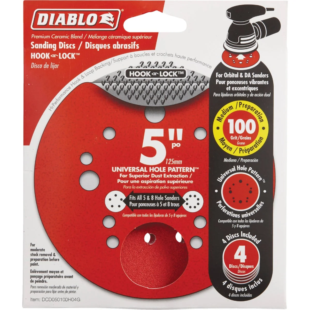 Reliable Diablo 5 In. 100-Grit Universal Hole Pattern Vented Sanding Disc with Hook and Lock Backing 4-Pack Environmentally Friendly