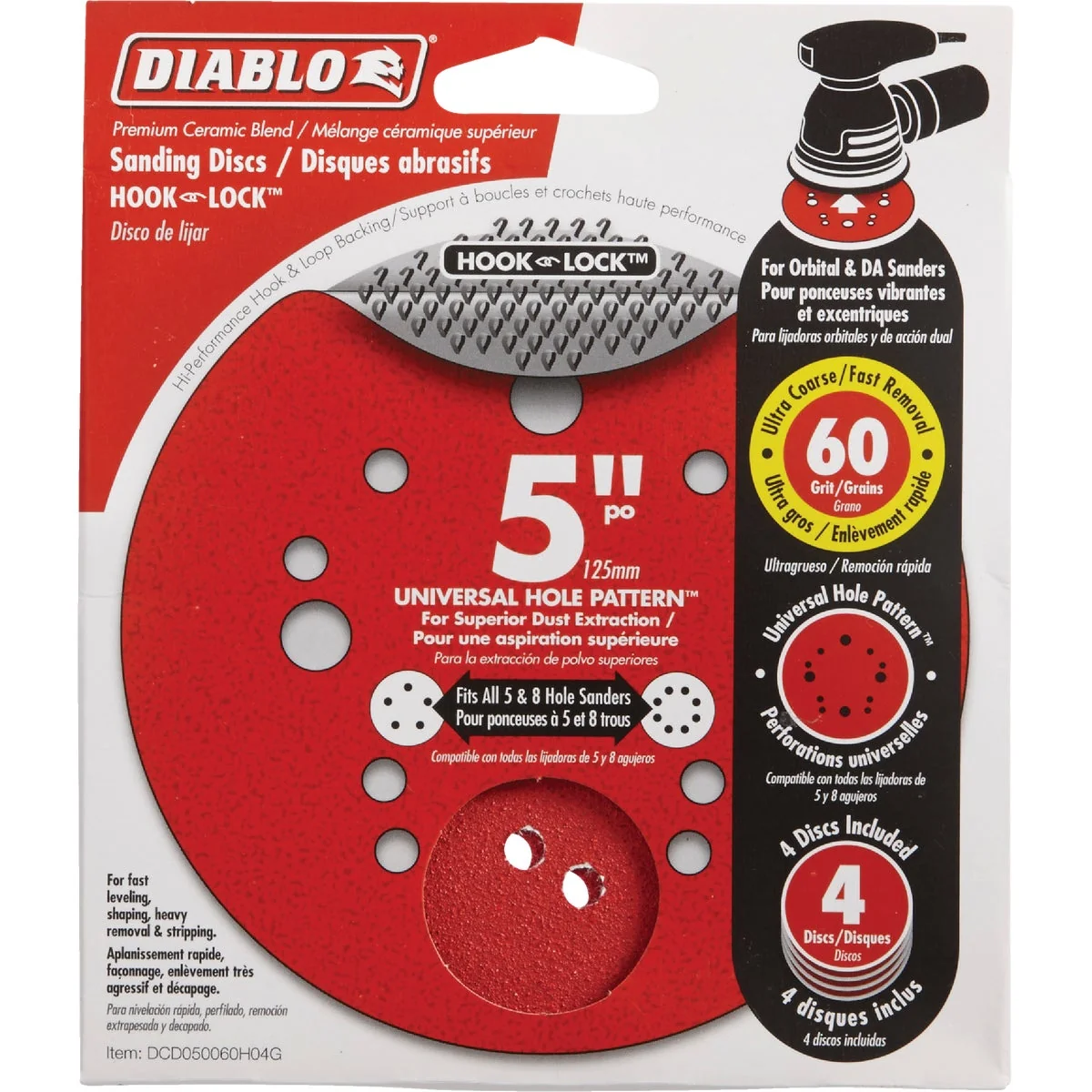 Pure Diablo 5 In. 60-Grit Universal Hole Pattern Vented Sanding Disc with Hook and Lock Backing 4-Pack User-Friendly