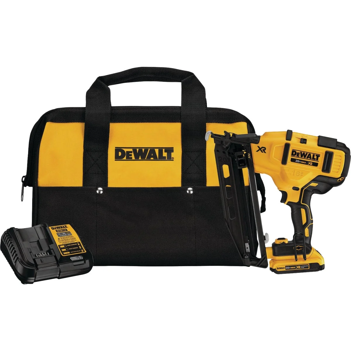 Smart DeWalt 20 Volt MAX XR Lithium-Ion 16-Gauge 2-1 2 In. Angled Cordless Finish Nailer Kit Specialty