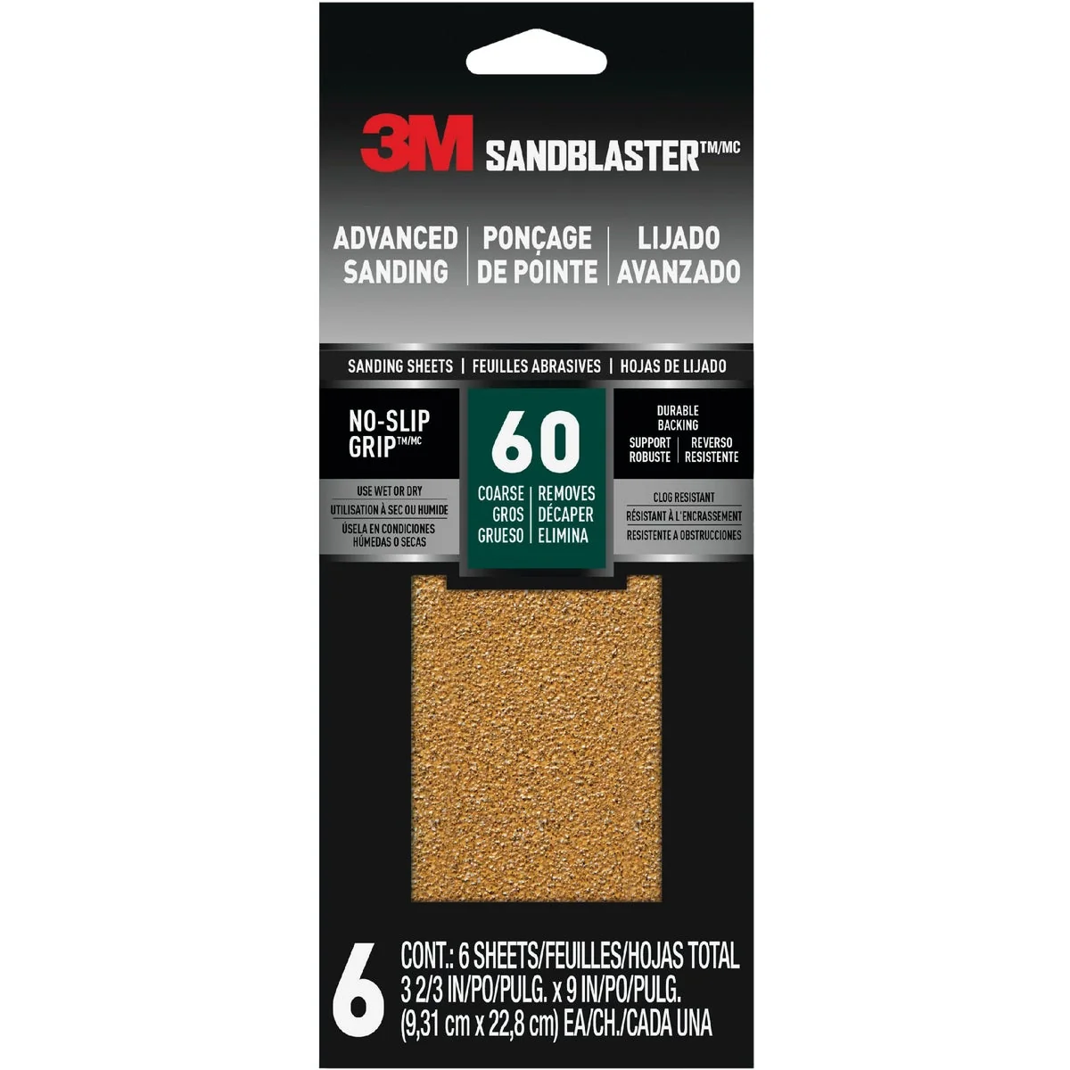 Reliable 3M SandBlaster No Slip Grip Backing 3-2 3 In. x 9 In. 60 Grit Coarse Sandpaper 6-Pack Clean