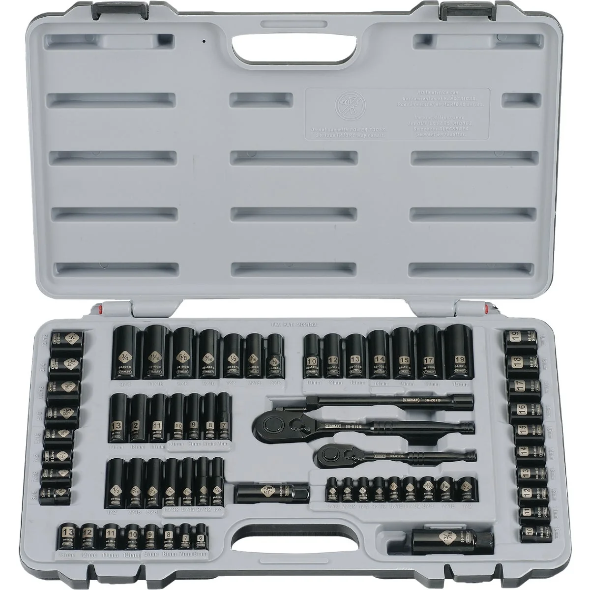 Powerful Stanley Standard Metric 1 4 In. Drive 3 8 In. Drive Black Chrome Combination Ratchet Socket Set 69-Piece Traditional