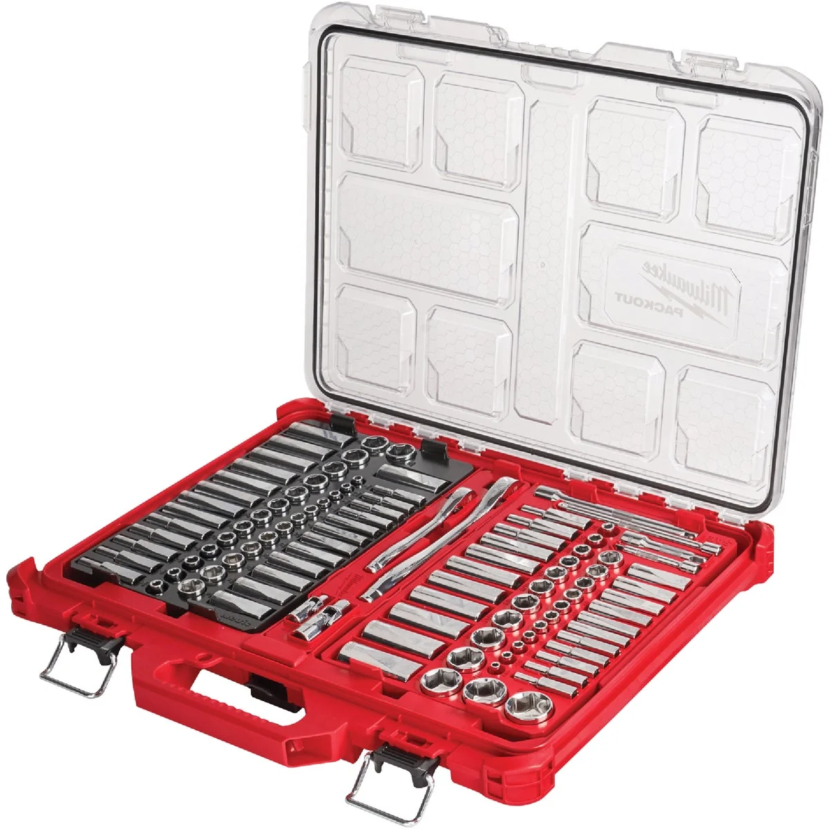 Green Milwaukee Std Metric 1 4 In. 3 8 In. Drive 6-Point Ratchet Socket Set w PACKOUT Organizer 106-Piece Traditional
