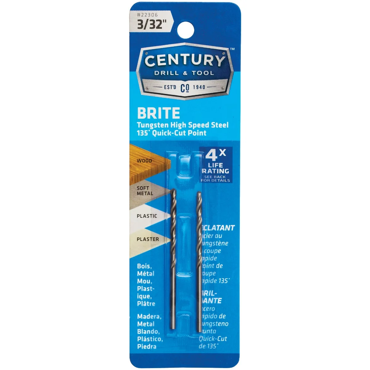 High-Grade Century Drill Tool 3 32 In. Tungsten High Speed Steel Quick-Cut Point Brite Drill Bit Breathable