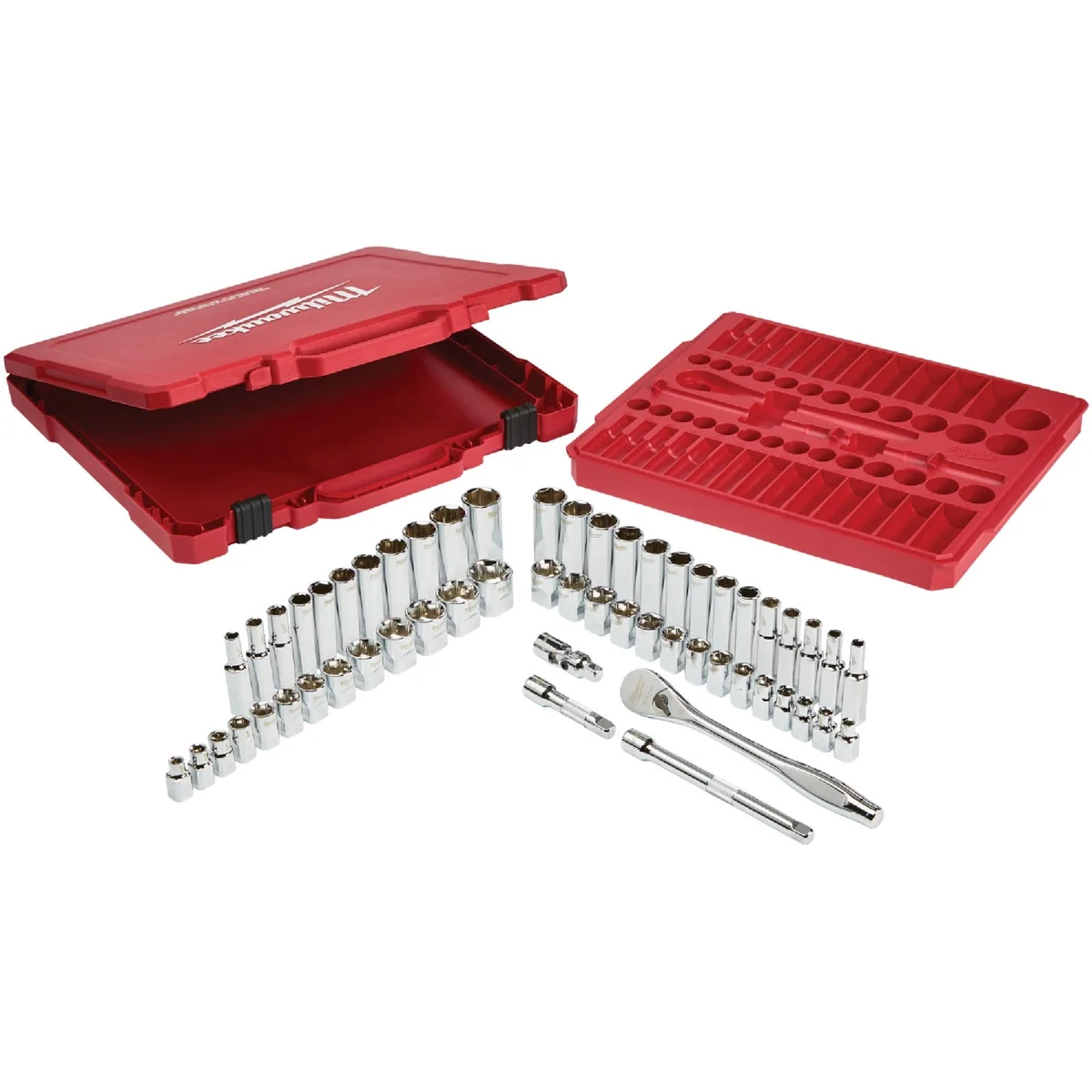 Green Milwaukee Standard Metric 3 8 In. Drive 6-Point Ratchet Socket Set 56-Piece Flexible