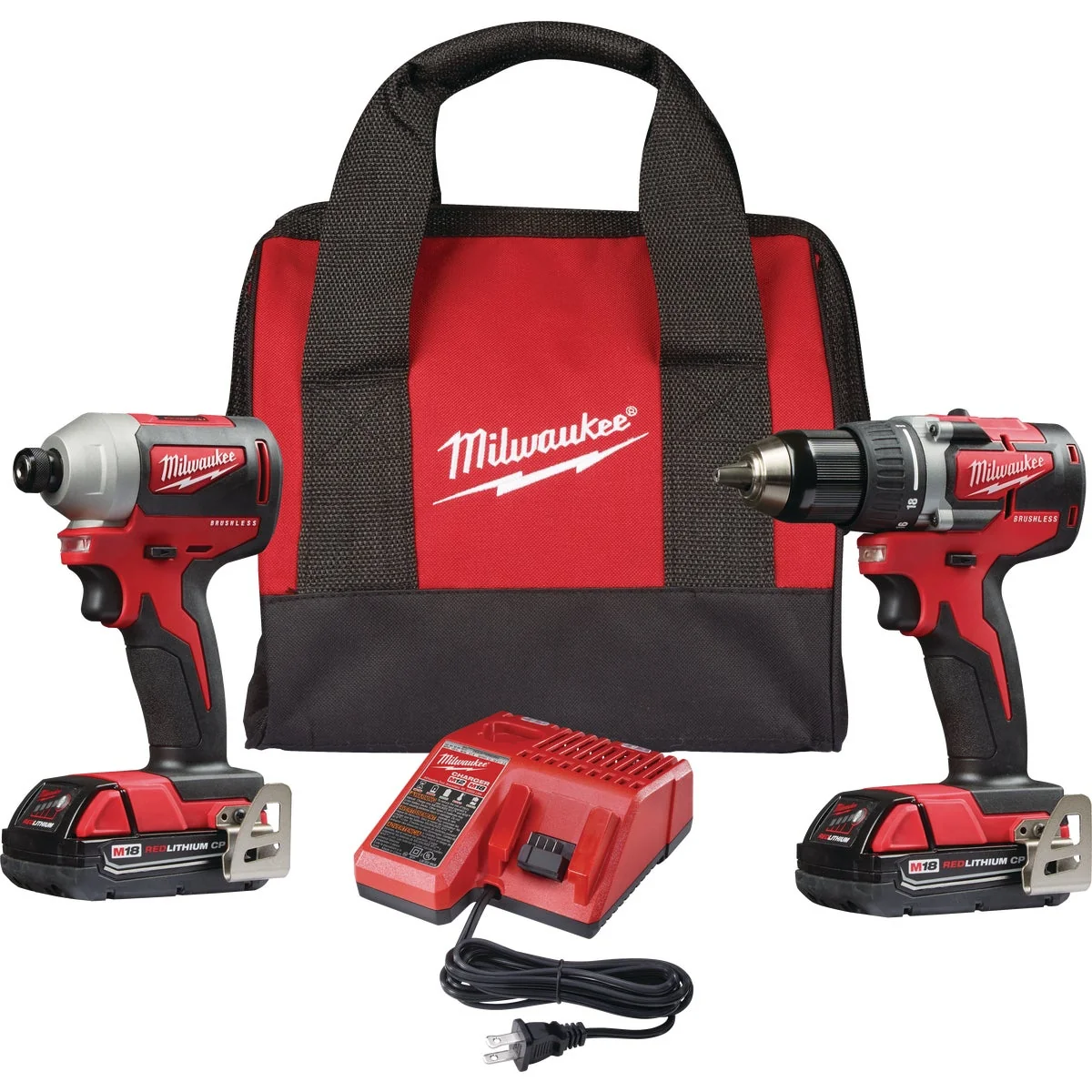 Secure Milwaukee 2-Tool M18 Lithium-Ion Brushless Compact Drill Driver Impact Driver Cordless Tool Combo Kit Minimalist