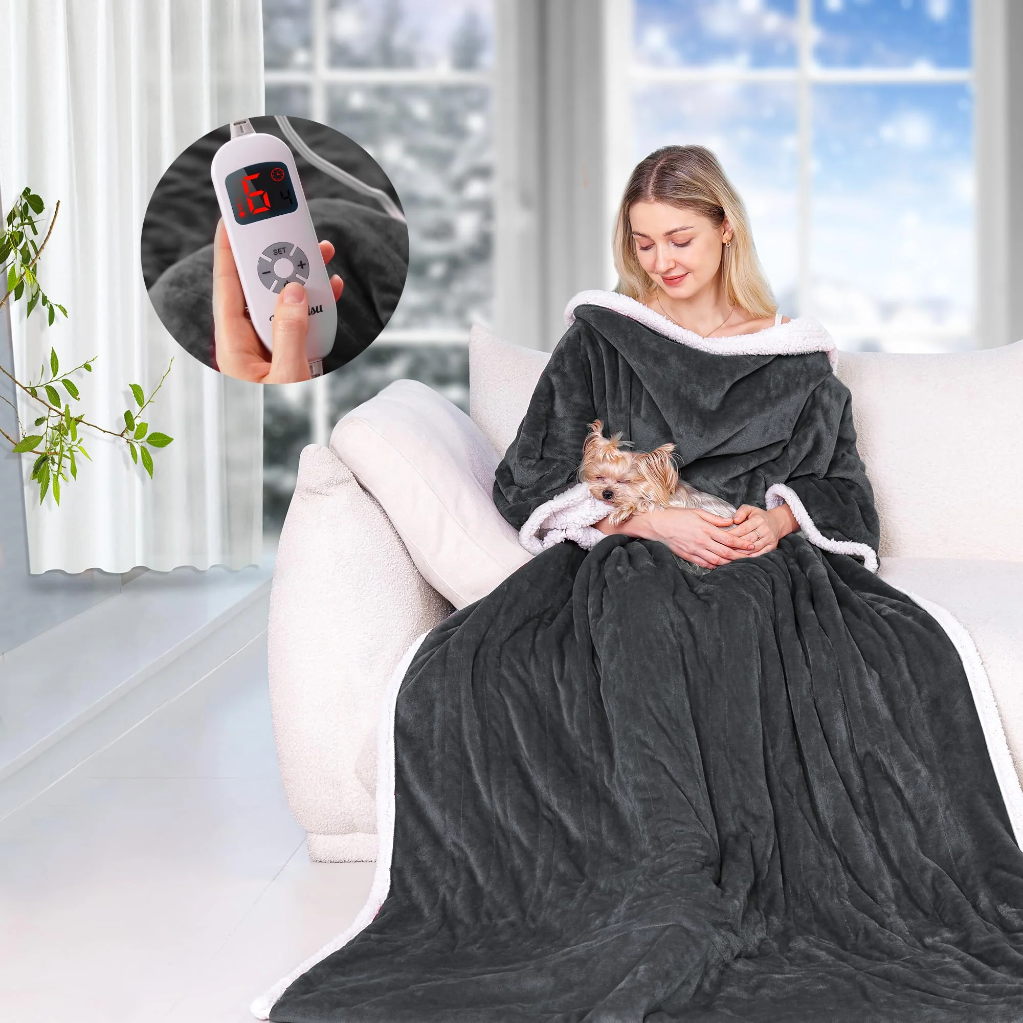 Sustainable Wearable Heated Throw Blanket with Pockets 50 x 70 Faux Fur and Sherpa Electric Wrap Poncho Shawl 4-Hour Auto Shut Off Machine Washable Secure