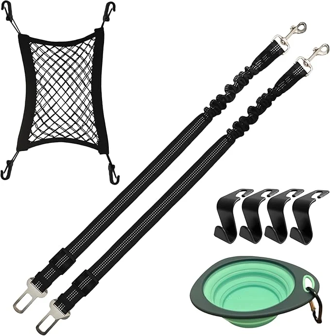 Easy-to-Use Dog Car Accessories Essentials Kit with 2 Retractable Harness Adjustable Seat Belt Leash Portable Collapsible Pet Bowl Car Net Barrier for Dogs in Vehicle and 4 Headrest Hooks for HangerAbout ThisOverview Green