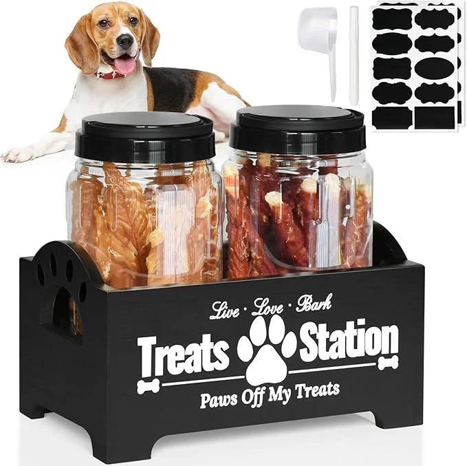 Elegant Dog Treat Container Dog Food Container for Dog Food Storage Farmhouse Cat Food Container Pet Food Storage Organizer Wood Dog Treat Holder with 2 Plastic Cat Dog Treat Jars Black Cat Treat ContainerAbout ThisOverview Premium Material