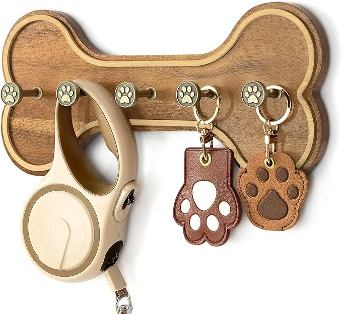 Elite MTERSN Farmhouse Dog Leash Holder for Wall – Dog Stuff Organizer and Dogs Bone Key Holder Wall Mount with 3D Puppy Paw Hooks – Cute Stuff for Pet Lover Gifts Acacia Wood About ThisOverview Durable