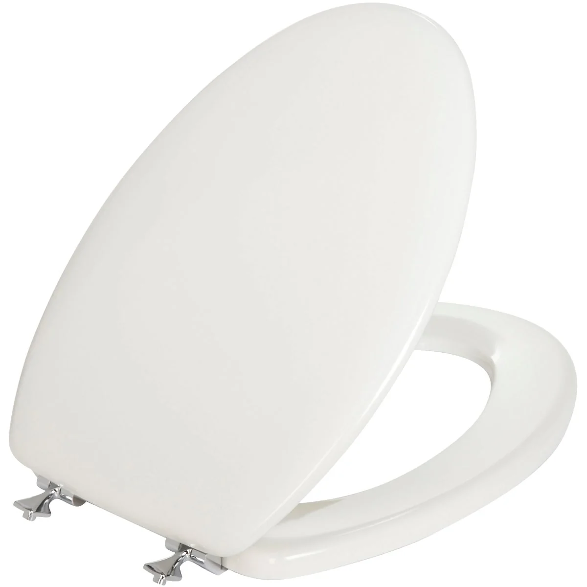 Official Mayfair Elongated Closed Front Premium White Wood Beveled Toilet Seat with Chrome Hinges Unique