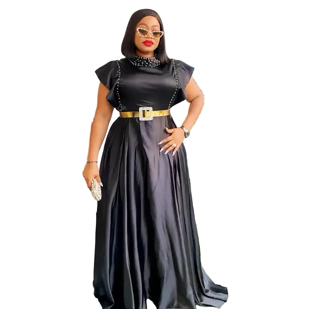 Selected Elegant Rhinestone High-Waist Evening Gown with Ruffled Sleeves Smart