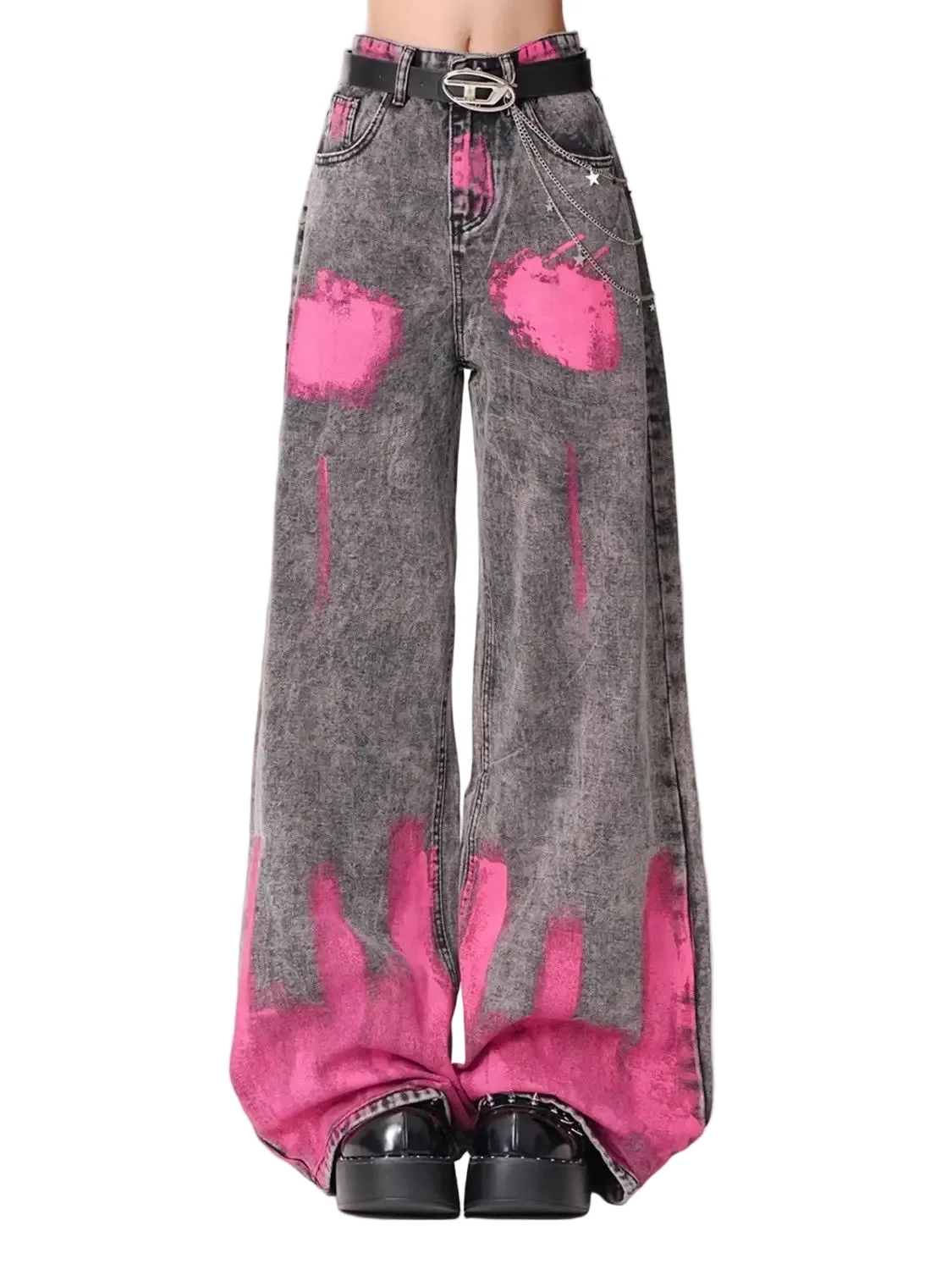 Artisan Graffiti Printed Wide Leg Jeans for Women High Waisted Gray Original Design
