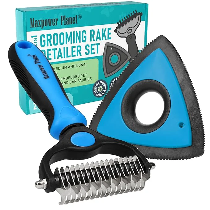 Safe Maxpower Planet Pet Grooming Rake and Mini Pet Hair Remover Tool Undercoat Rake for Dogs Hair Remover for Car Carpet Cat Fur Removal and Double-Sided Deshedding Dematting Tool for Dogs and Cats Refined