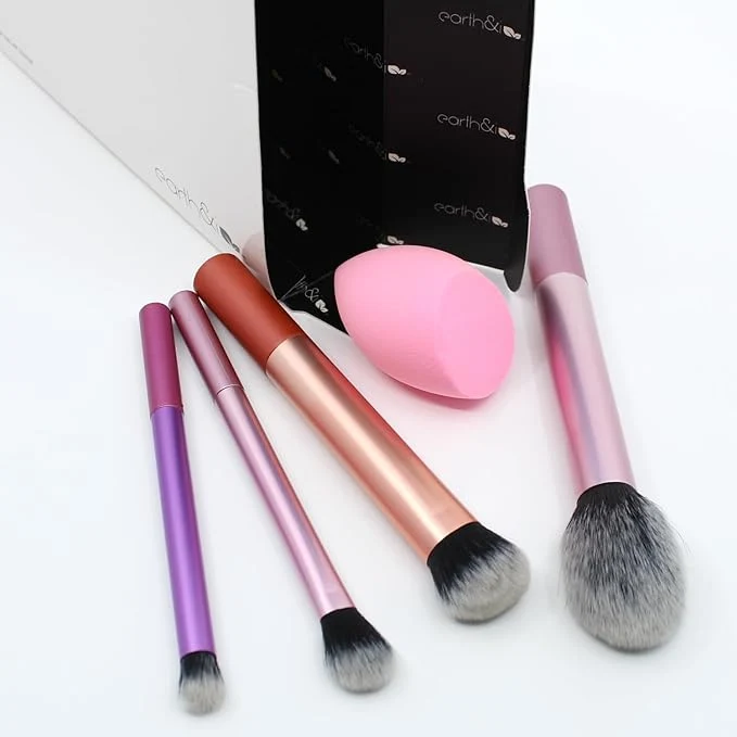 Original Earth I Complexion ion 5-Piece Set – 3 Pro Face Brushes 1 Master Eye Blender 1 Chiseled Sculpting Sponge – Metallic Sateen Pink Rose Gold – Professional Airbrush Base Kit Breathable
