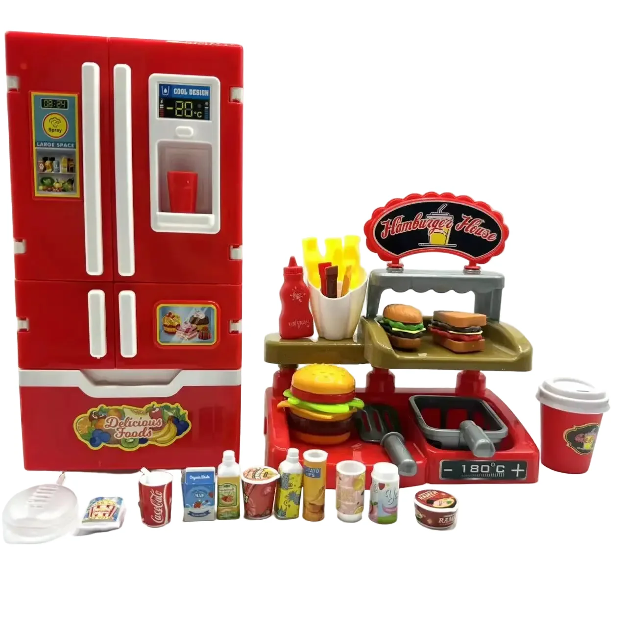 Premium Kids’ Pretend Play Kitchen Set with Spray Vapor Mini Fridge and Fast Food Convenient