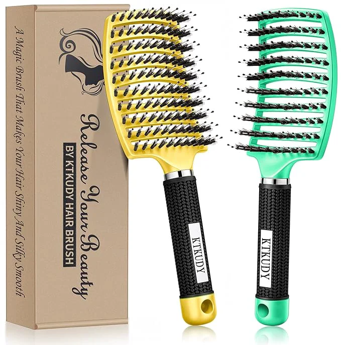 Premium KTKUDY Detangling Brush Getting Knots Out without Pain – Boar Bristles HairBrush Make Hair Shiny Healthier Vented Detangler Brush for Women Men Kids Wet and Dry Hair Yellow Green Sophisticated