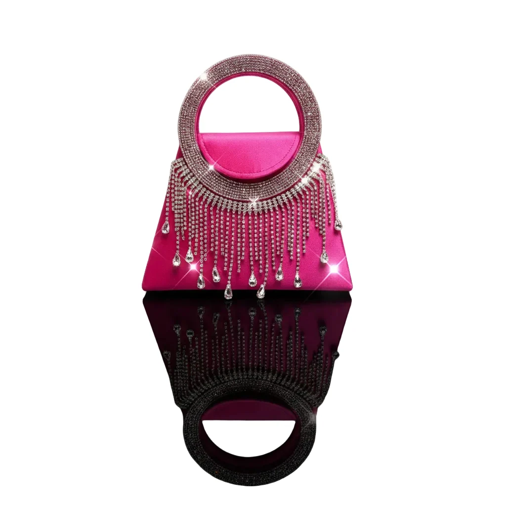 Prestigious Women’s Rhinestone Ring Tassel Trapezoid Evening Clutch Bag Excellent