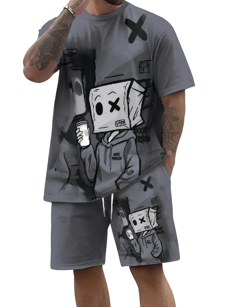 Crafted Men’s Casual Graffiti Print T-Shirt and Shorts Two Piece Set User-Friendly