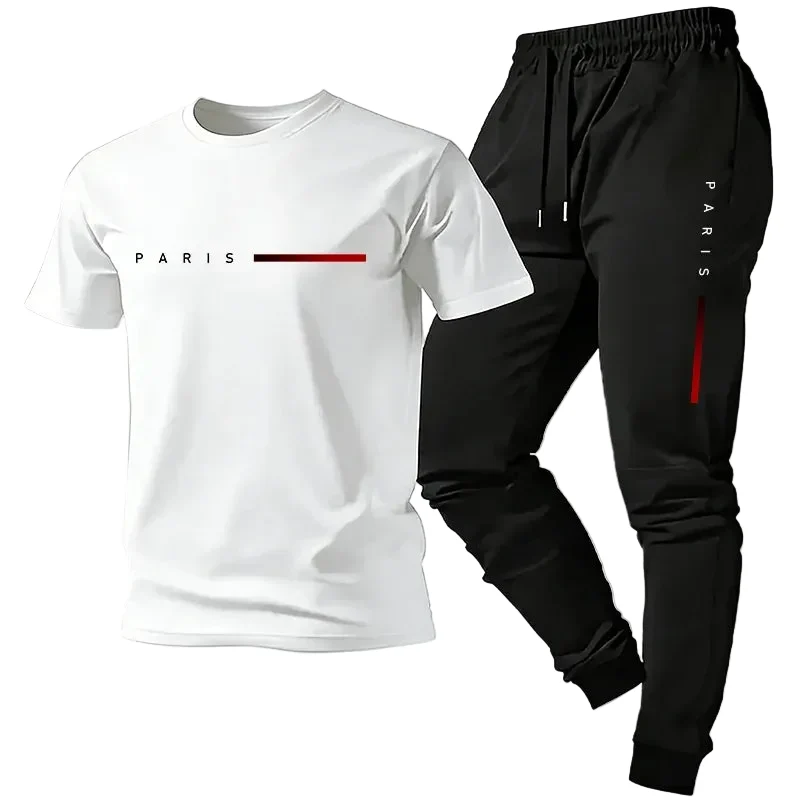 Solid Men’s Casual Round Neck T-Shirt and Sweatpants Set Eco-Friendly
