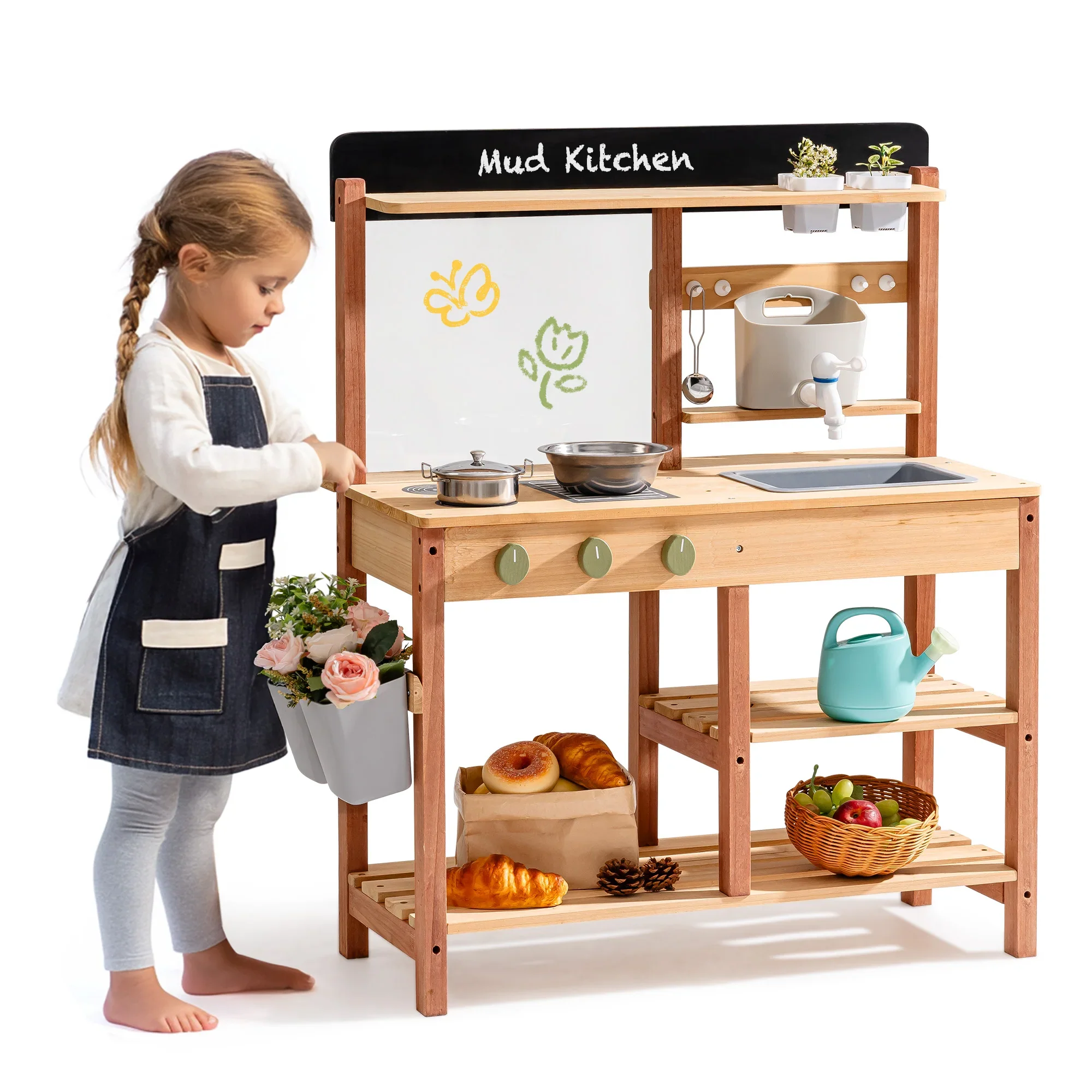 Clean Kids Wooden Outdoor Mud Pretend Play Kitchen Toy Set WHXXX Natural