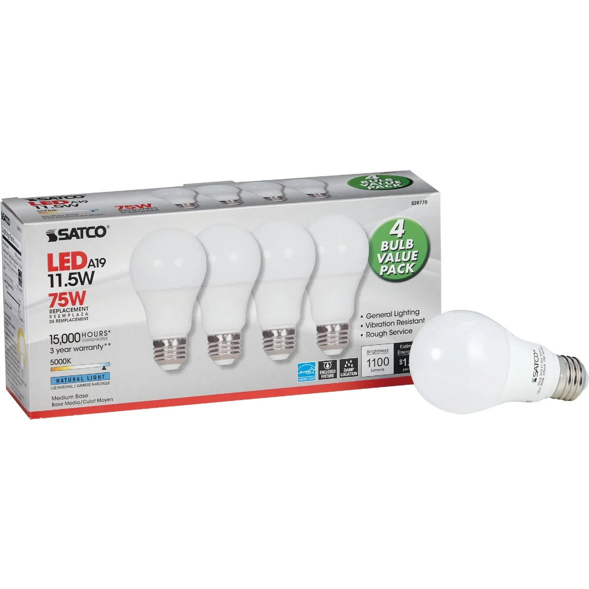 Advanced Satco 75W Equivalent Natural Light A19 Medium LED Light Bulb 4-Pack Proven