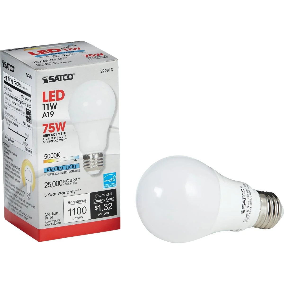 Powerful Satco 40W Equivalent Warm White A19 Medium Dimmable LED Light Bulb Lightweight