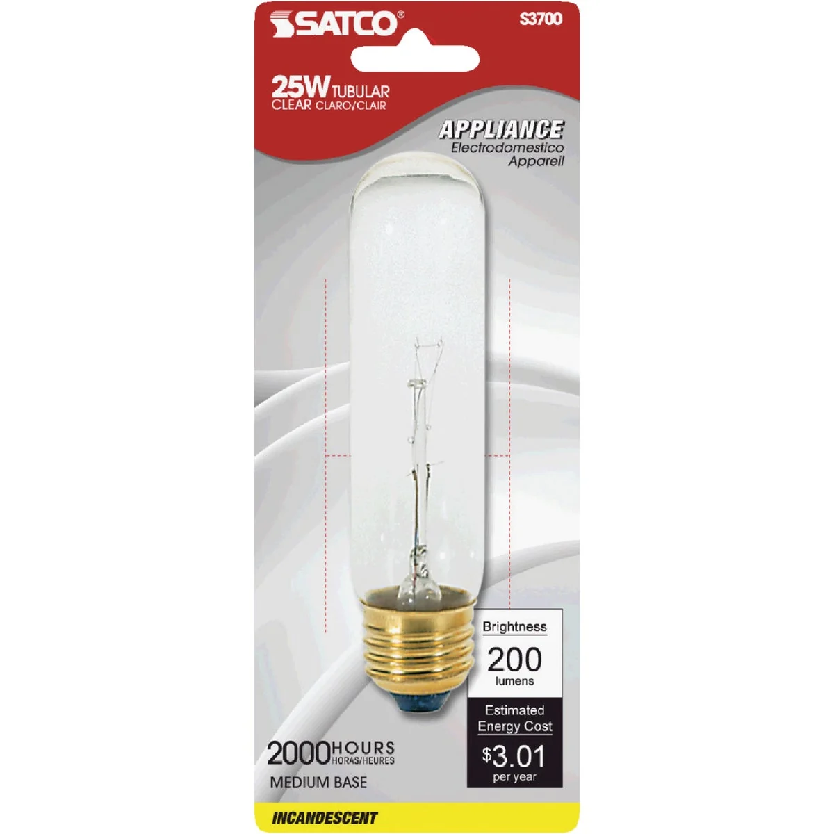 Traditional Satco 25W Clear Medium Base T10 Incandescent Tubular Appliance Light Bulb Environmentally Friendly