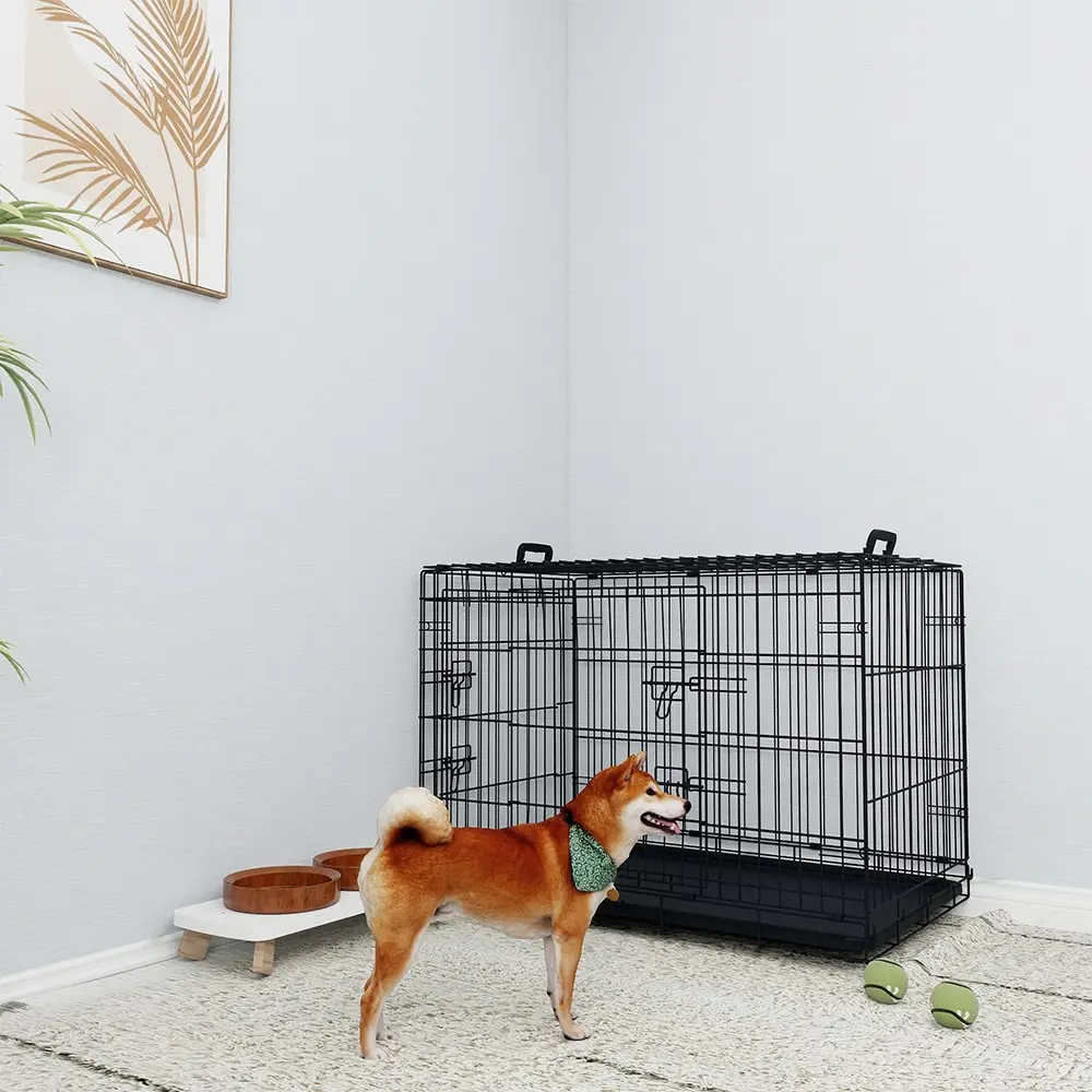 Durable 36 Inches Black Wire Dog Cage Double Lock Mechanism Two Doors Powerful