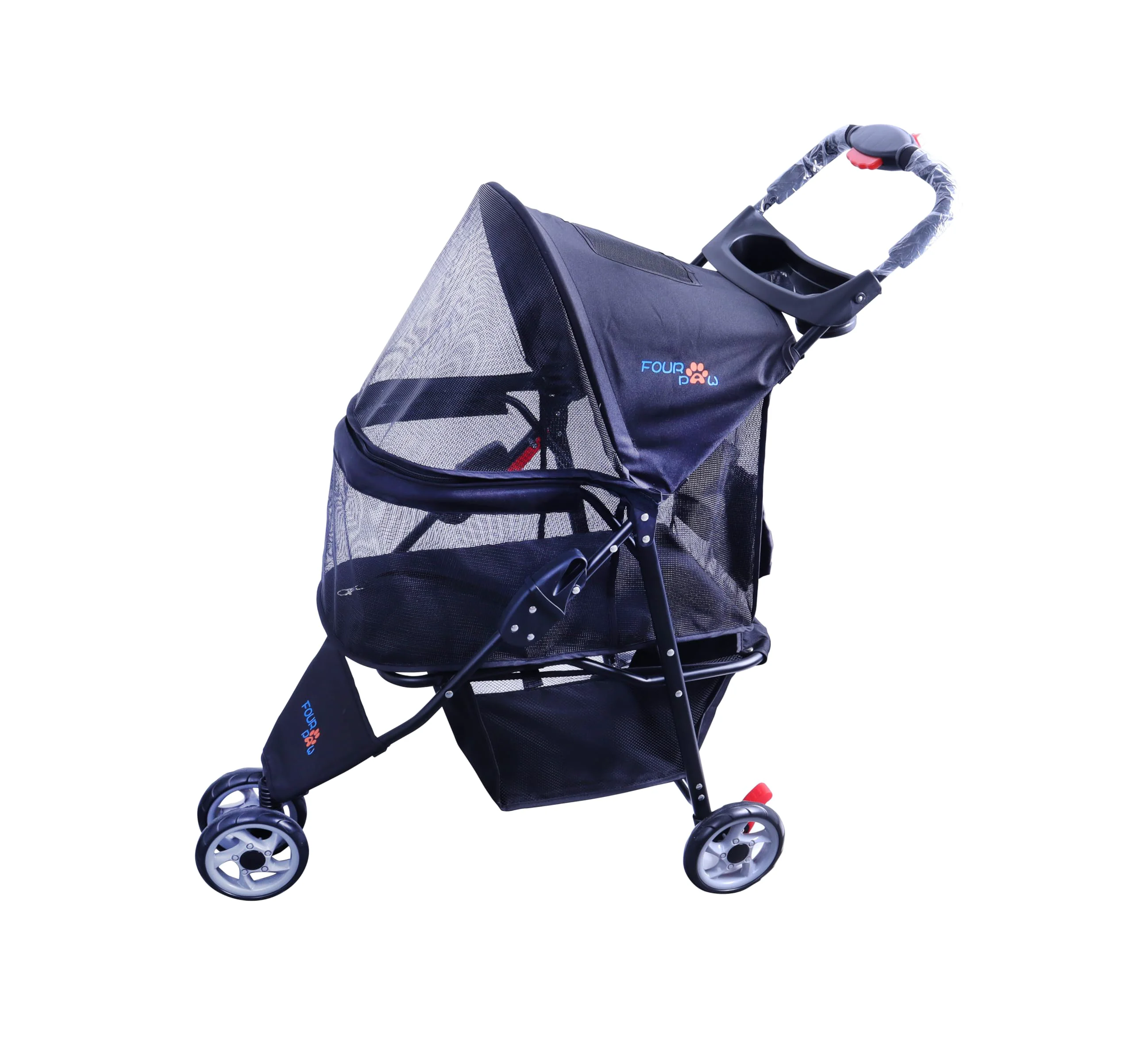 High-Performance FOURPAW Full-Window Pet Stroller – 3 Wheels for Cats Dogs with Storage Basket Cup Holder Fast