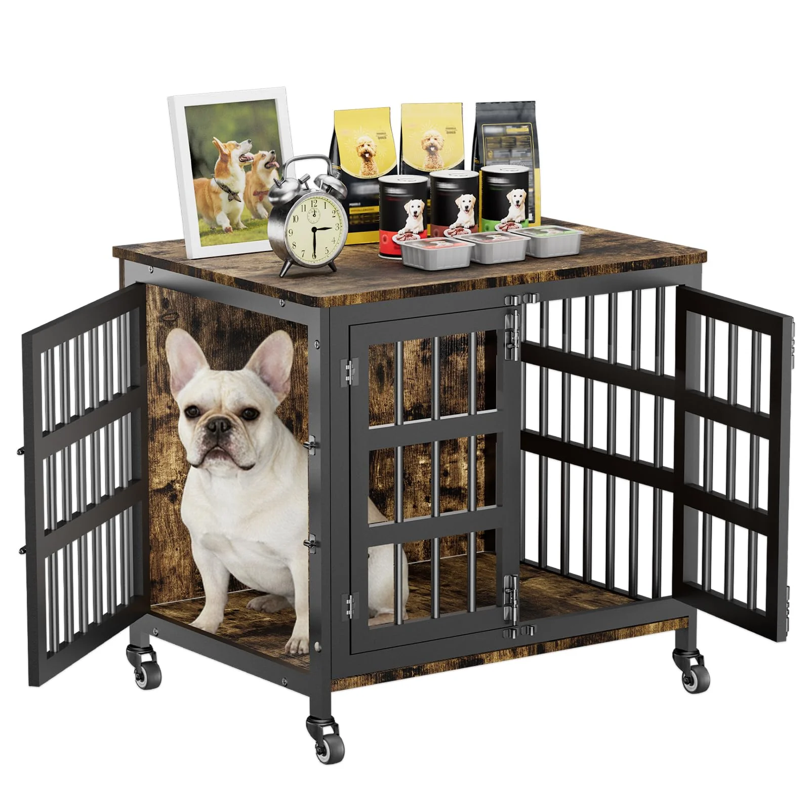 Unique FZGhome 27-Inch Dog Crate Furniture for Small Dogs — Heavy-Duty Wheels Rustic Brown Healthy