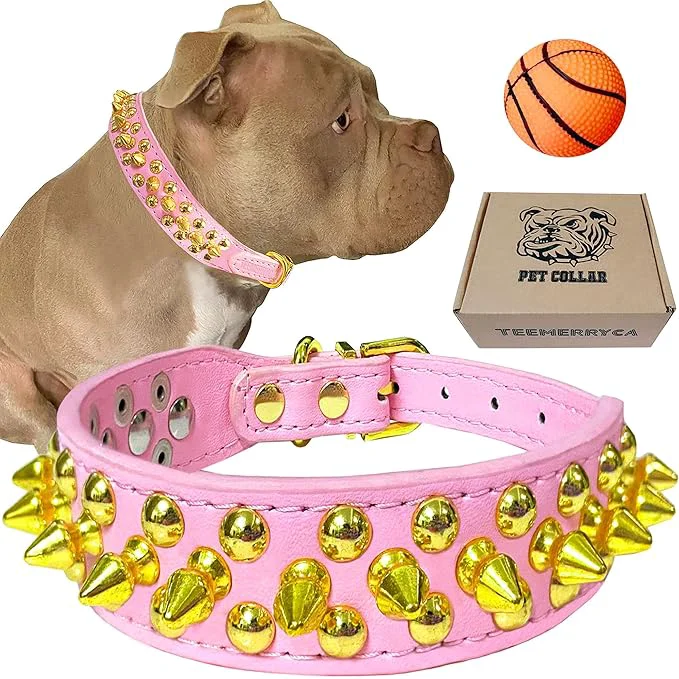 Detailed TEEMERRYCA Pink Leather Gold Spiked Studded Dog Collar High-End
