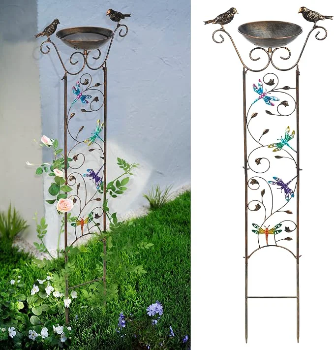 Casual SUNNYPARK Bird Bath with Trellis Outdoor Antique Garden Iron Plant Trellis Easy-to-Use