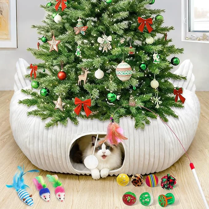 Professional OurWarm White Plush Cat Tunnel Bed Under Christmas Tree 95cm Large Cat Tunnel Modern