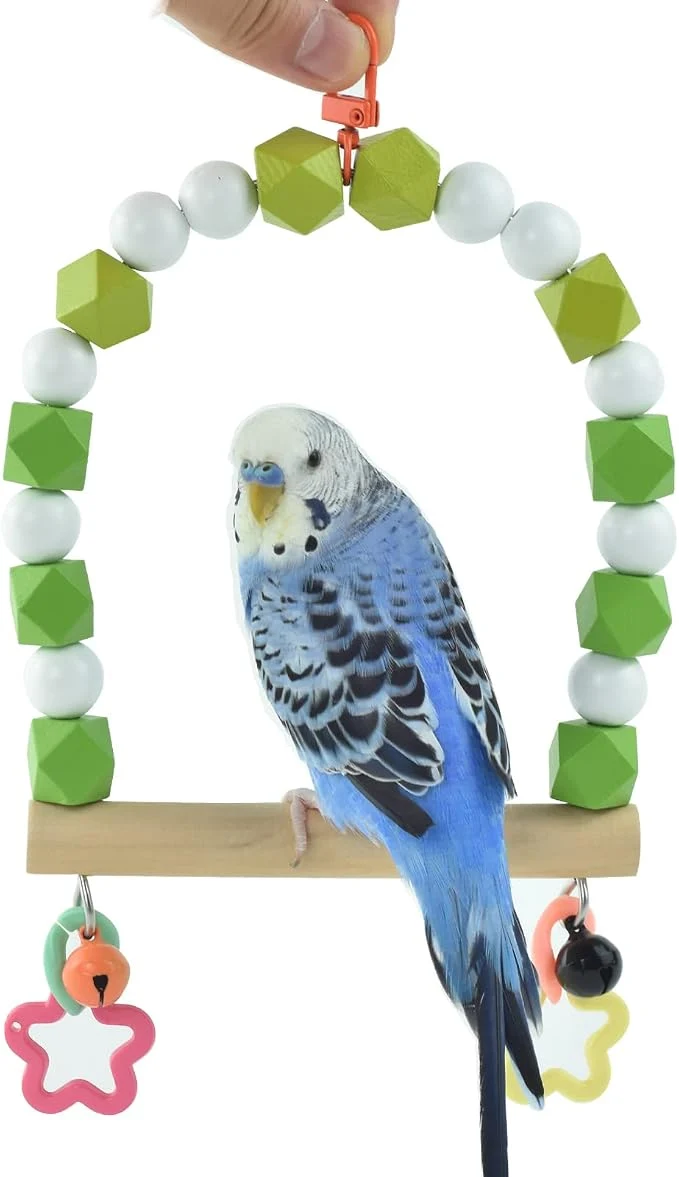 Innovative Wooden Bird Swing Perch for Parakeet Small Birds Hanging Cage Stands Green