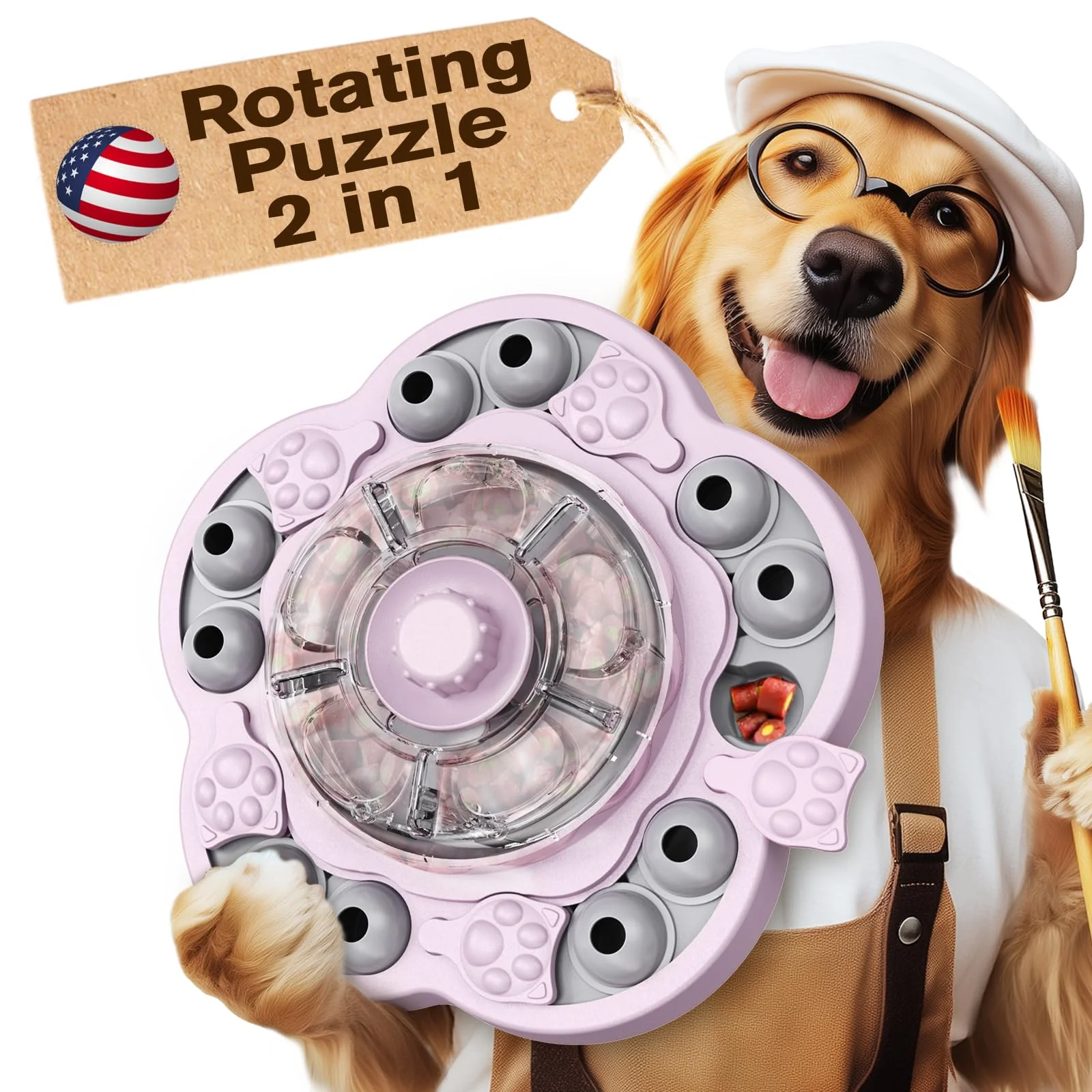 Secure KADTC U.S.-Designed 3-Level Dog Puzzle Toy – Slow Feeder 4 Modes Pink Organic