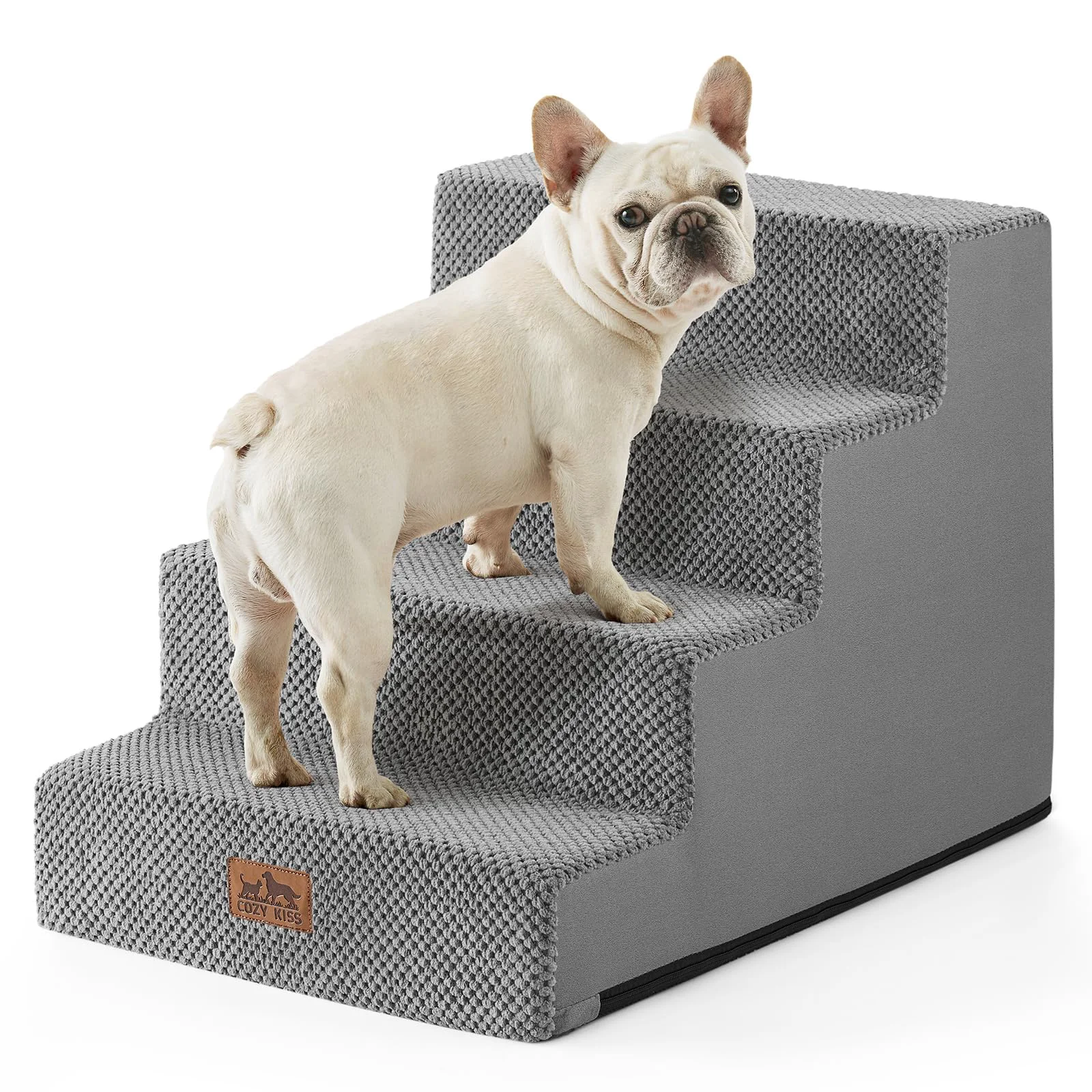 Reusable COZY KISS 4-Tier Wider Dog Stairs for Small Dogs — Non-Slip 17.7-inch High Grey User-Friendly