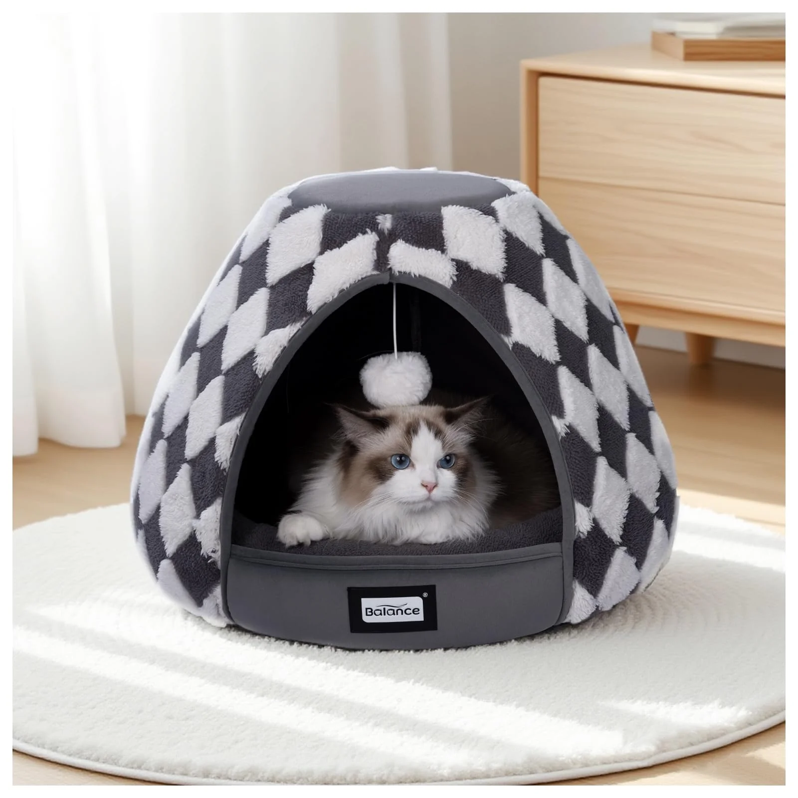 Original BALANCE 2-in-1 Cat Bed Cave for Indoor Cats Ultra-Soft Plush Anti-Slip Bottom 21-Inch Dark Grey Fast