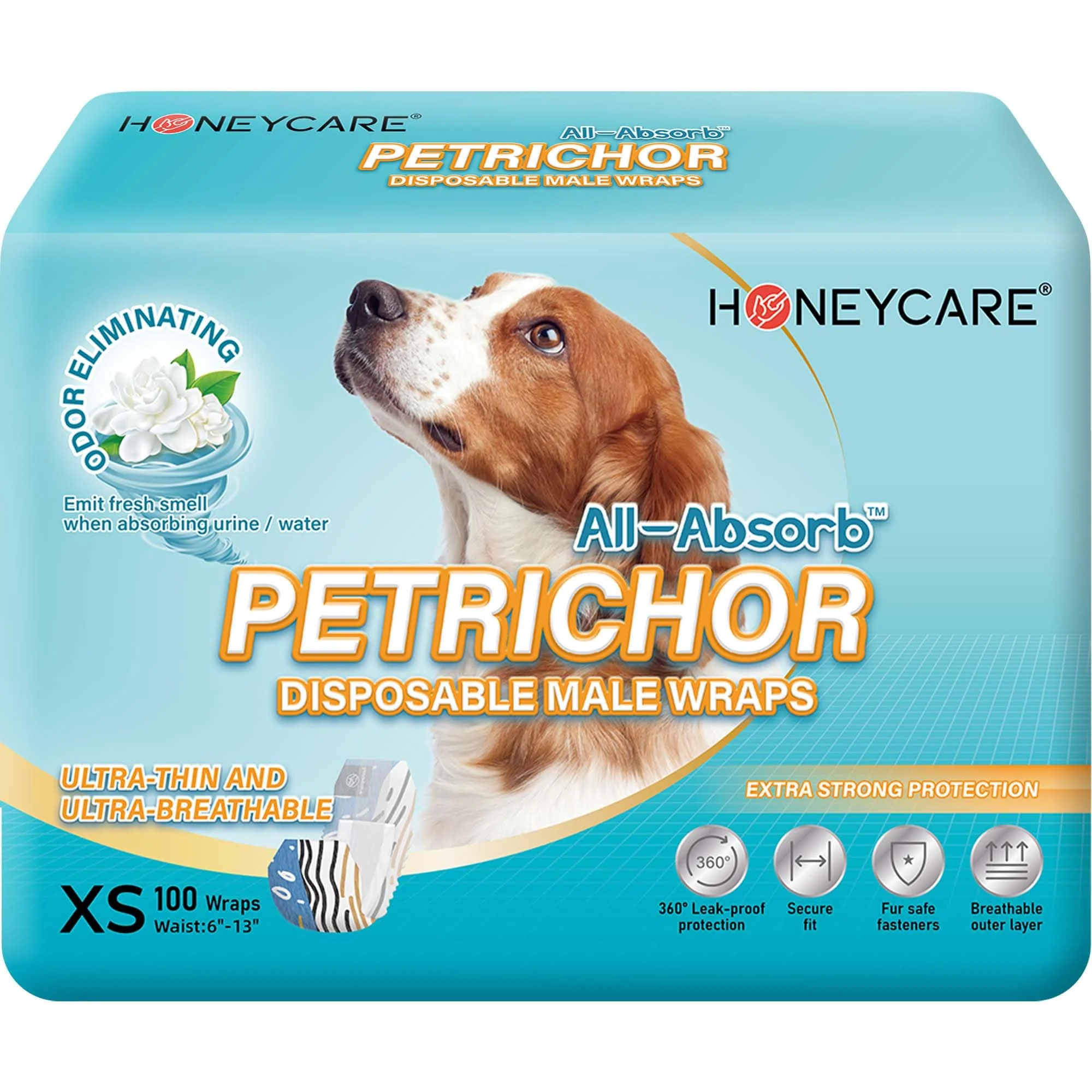 Pure HONEY CARE All Absorb Petrichor Male Dog Wraps – Extra Small 100 Count Fresh Scent Natural