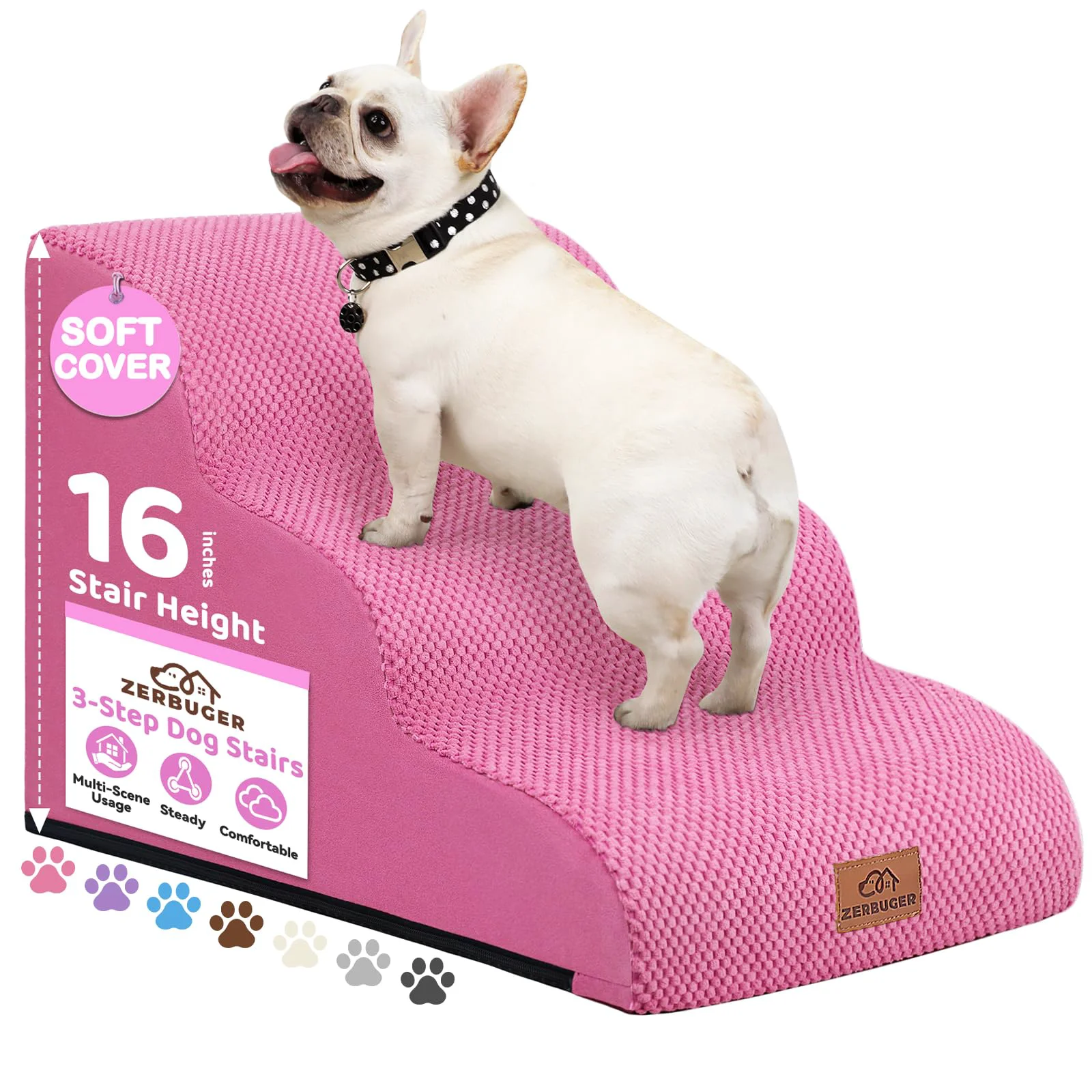 Stylish Zerbuger Dog Ramp 3-4 Step Stairs — Pink Non-Slip for Bed Sofa High Surfaces Premium