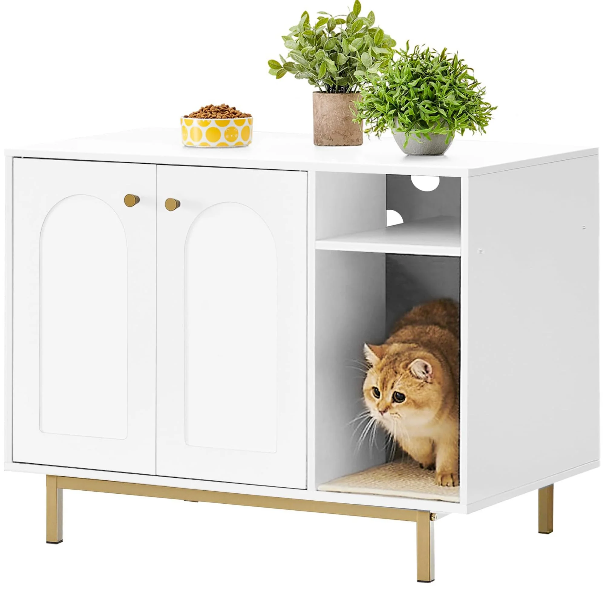 Elite Hzuaneri Cat Litter Box Enclosure – Hidden Litter Cabinet White Gold 01503GCLB Responsible