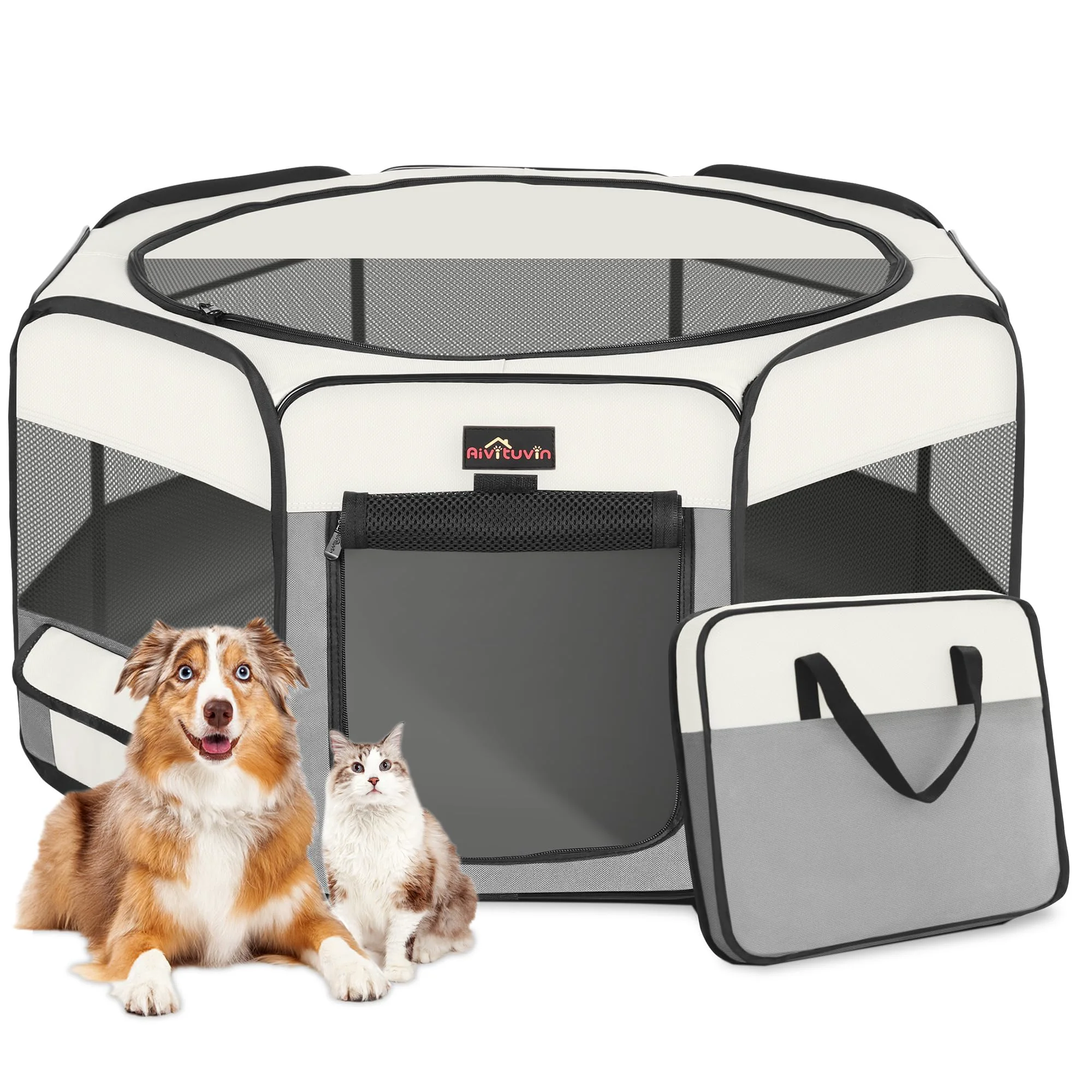 Natural Aivituvin Foldable Dog Playpen – Portable 8-Panel Pet Pen Grey Classic