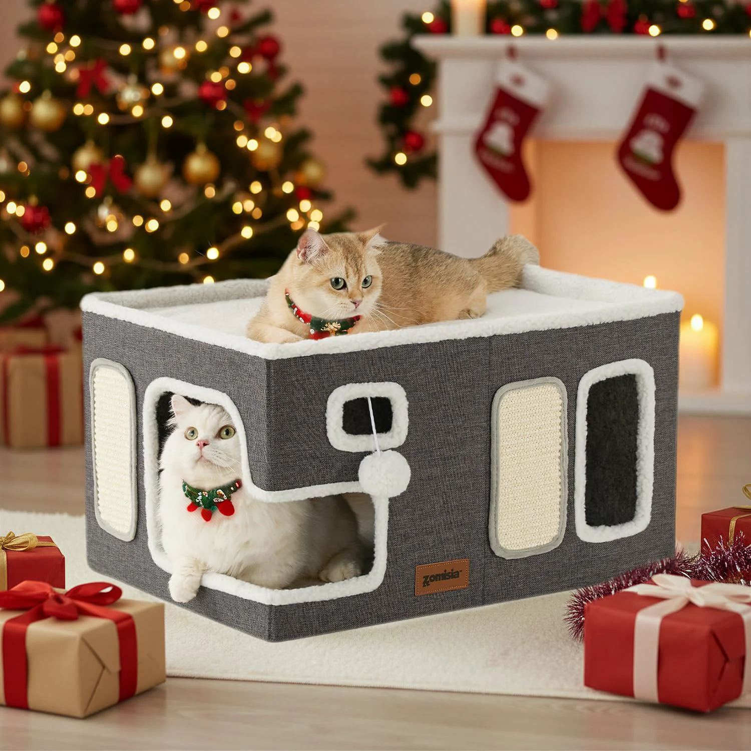 Lightweight ZOMISIA Extra-Wide Cat House for Indoor Cats – Large Foldable Hideaway with Scratching Board Next-Generation