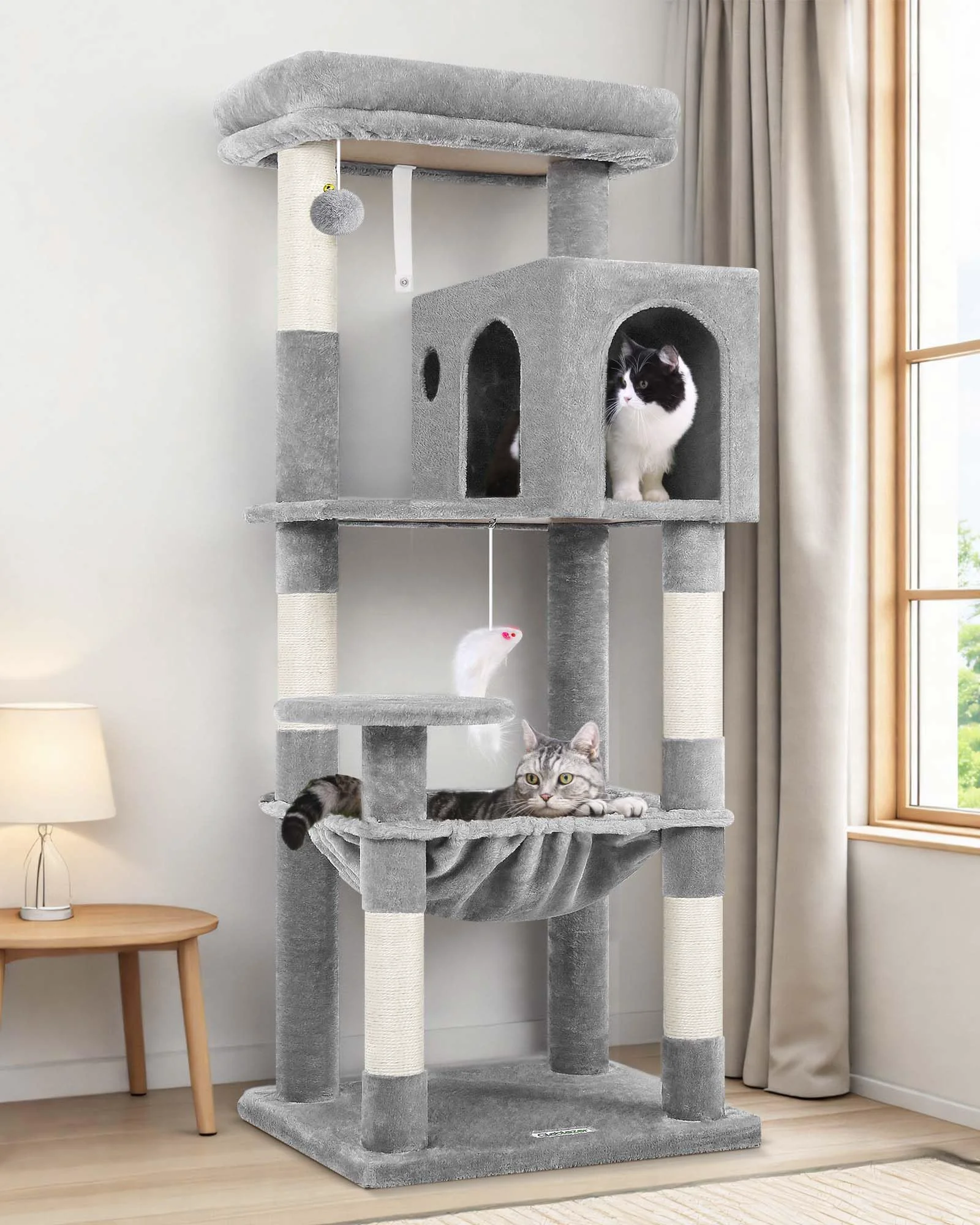 Functional Globlazer Cat Tree Tower – 53in Plush Indoor Cat Climbing Tower with Scratching Posts Hammock Private Cave Eco-Friendly