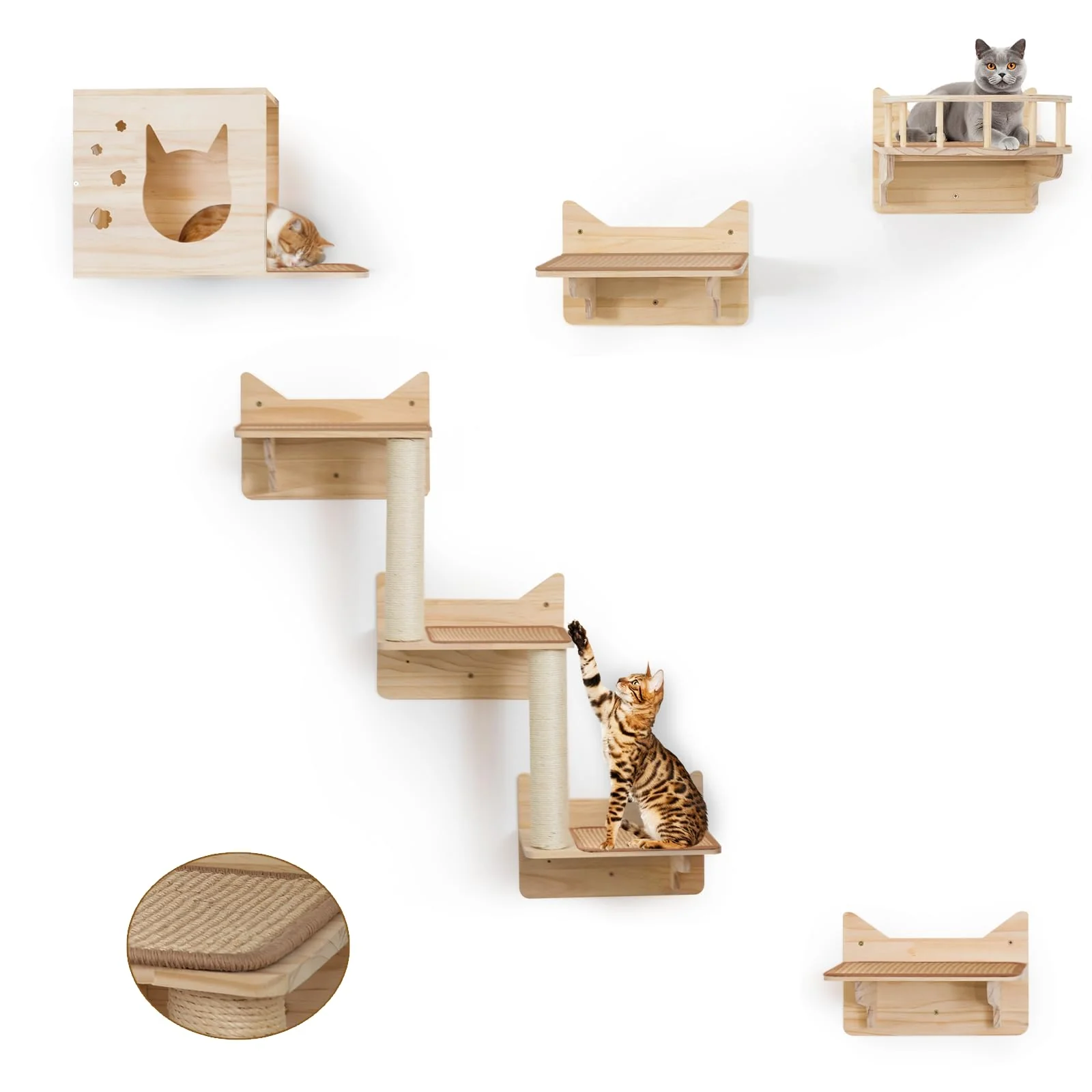 Convenient MIUZMORE 9-Piece Cat Wall Shelves Perches for Wall – Space-Saving Durable Pine Wood Refined