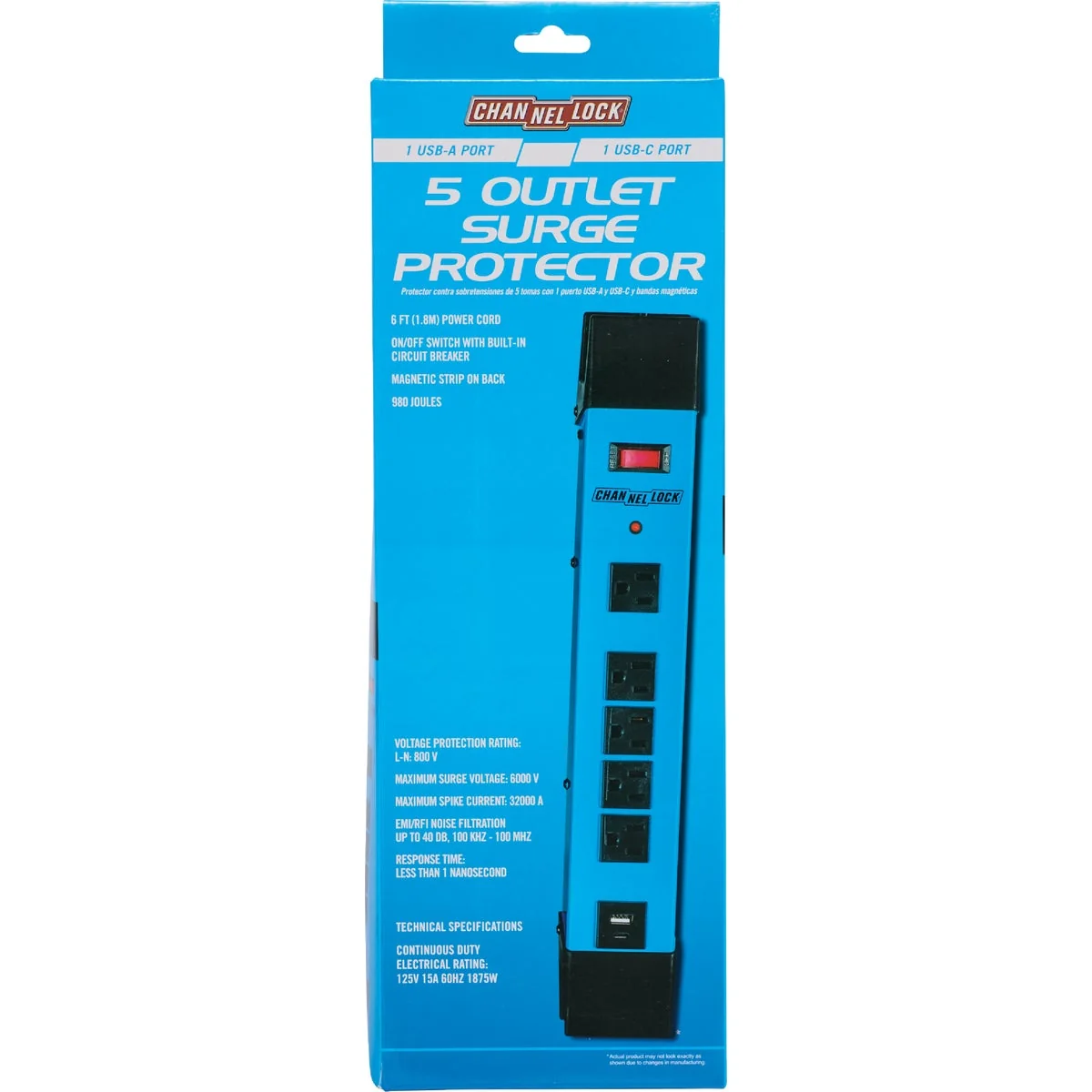 Secure Channellock 5-Outlet 2 USB Blue Power Strip Breathable