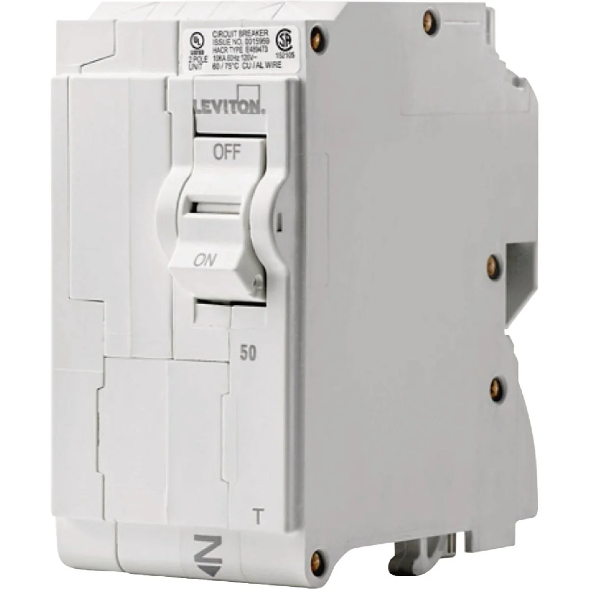 Classic Leviton 50A Double-Pole Plug-On Standard Branch Thermal Magnetic Trip Circuit Breaker Environmentally Friendly