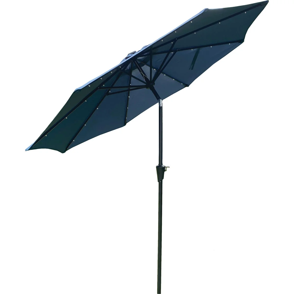 Efficient 9 Ft. Aluminum Tilt Crank Heather Blue Patio Umbrella with Solar LED Lights – PFAS Quality