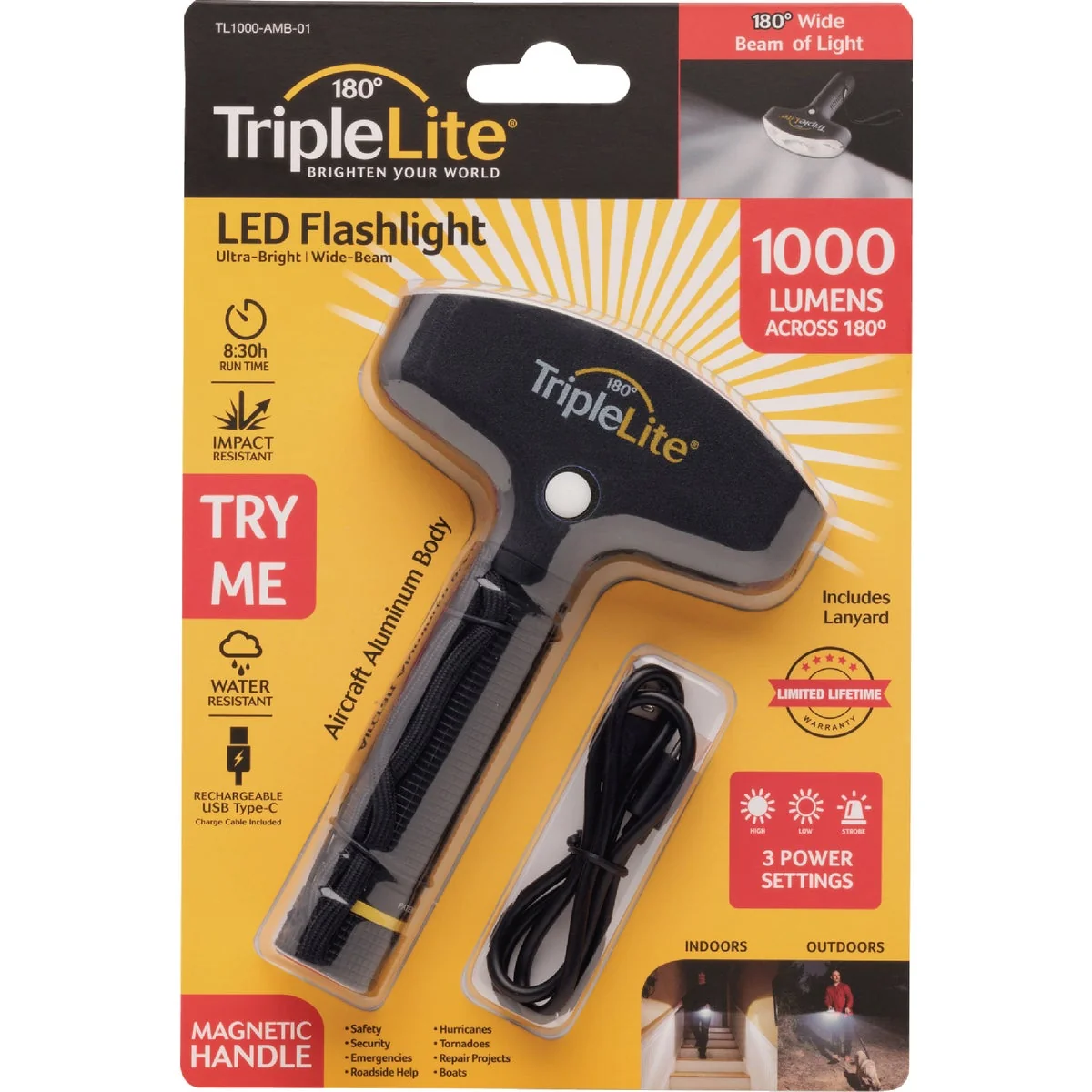 Professional TripleLite 1000 Lm. 180 Deg Rechargeable Aircraft Aluminum Flashlight Innovative