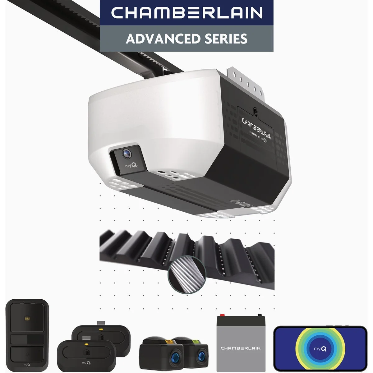Trendy Chamberlain 3 4 HP Belt Drive Smart Garage Door Opener with Fixed Camera Battery Backup 2-Bulb Lighting and myQ Connectivity Elegant