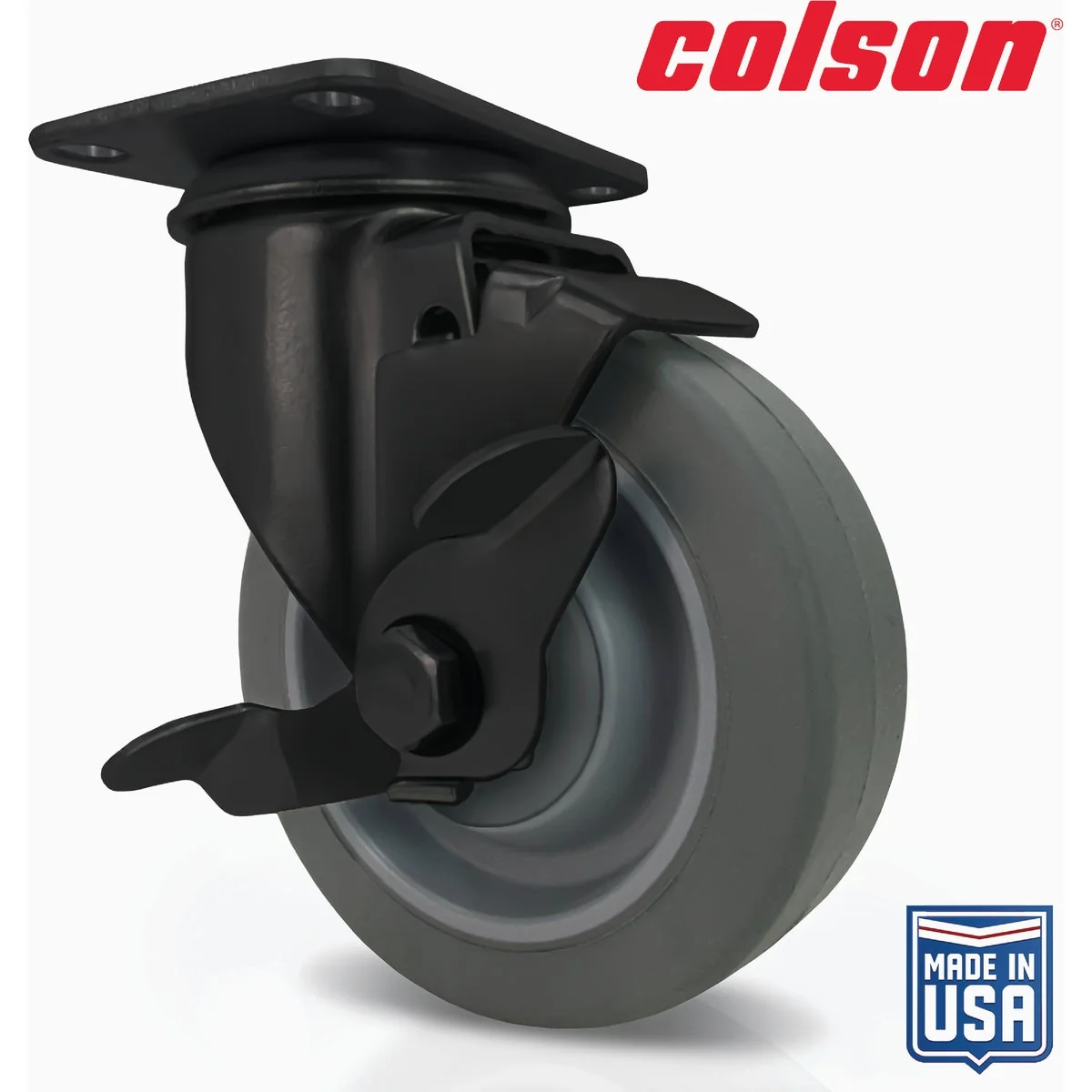 Durable Colson 4 In. Gray TPR Black Swivel Plate Caster with Locking Brake Clean